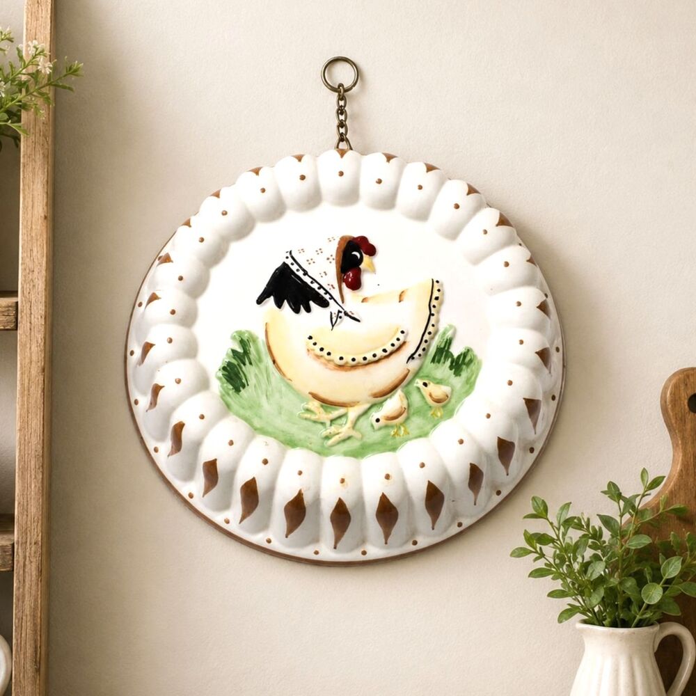 Vintage Hand Painted Farmhouse Chicken Themed Ceramic Wall Plaque